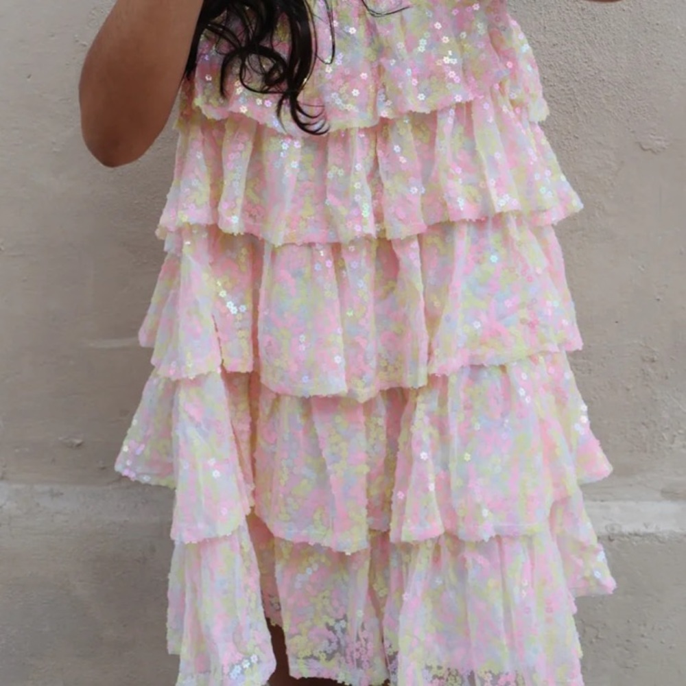 MABLE MARIAM MINI DRESS sequins ruffles sparkly size Small pink yellow pastel - Picture 10 of 15